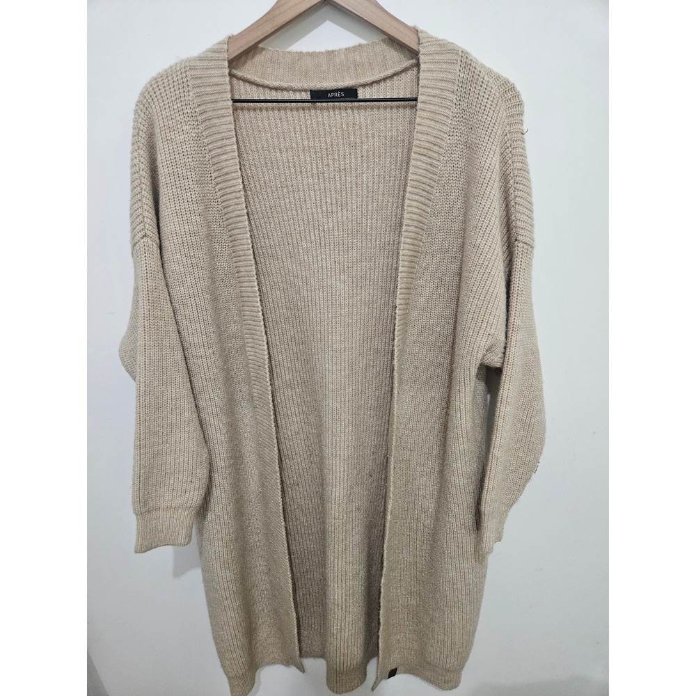 Apres Tan Beige Ribbed Knit Oversized Open Front Cardigan Wool Blend Sweater